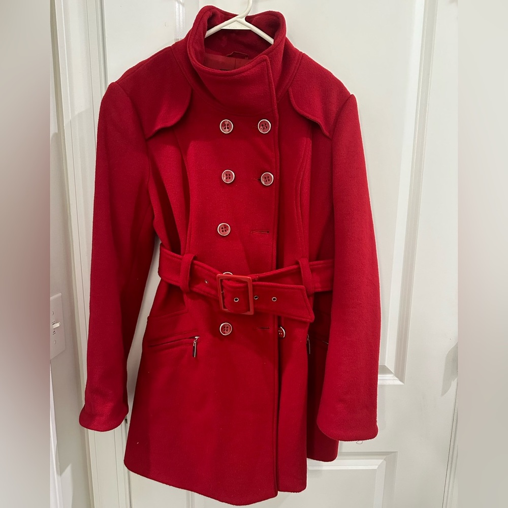 Bebe Red belted Pea Coat